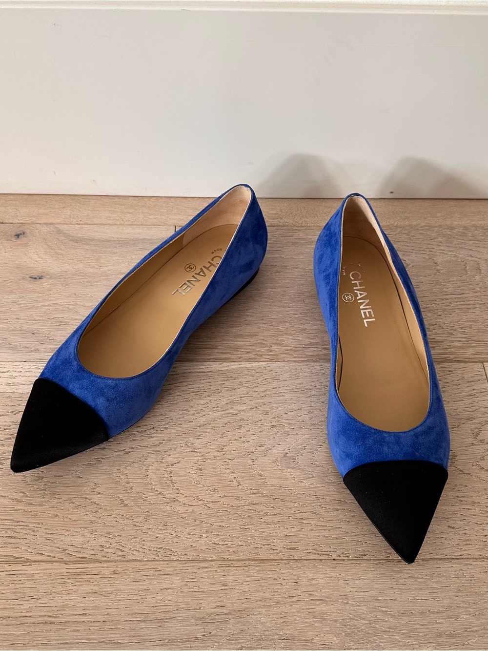 CHANEL Royal Blue Suede Pointed Flats with Black Satin Toe